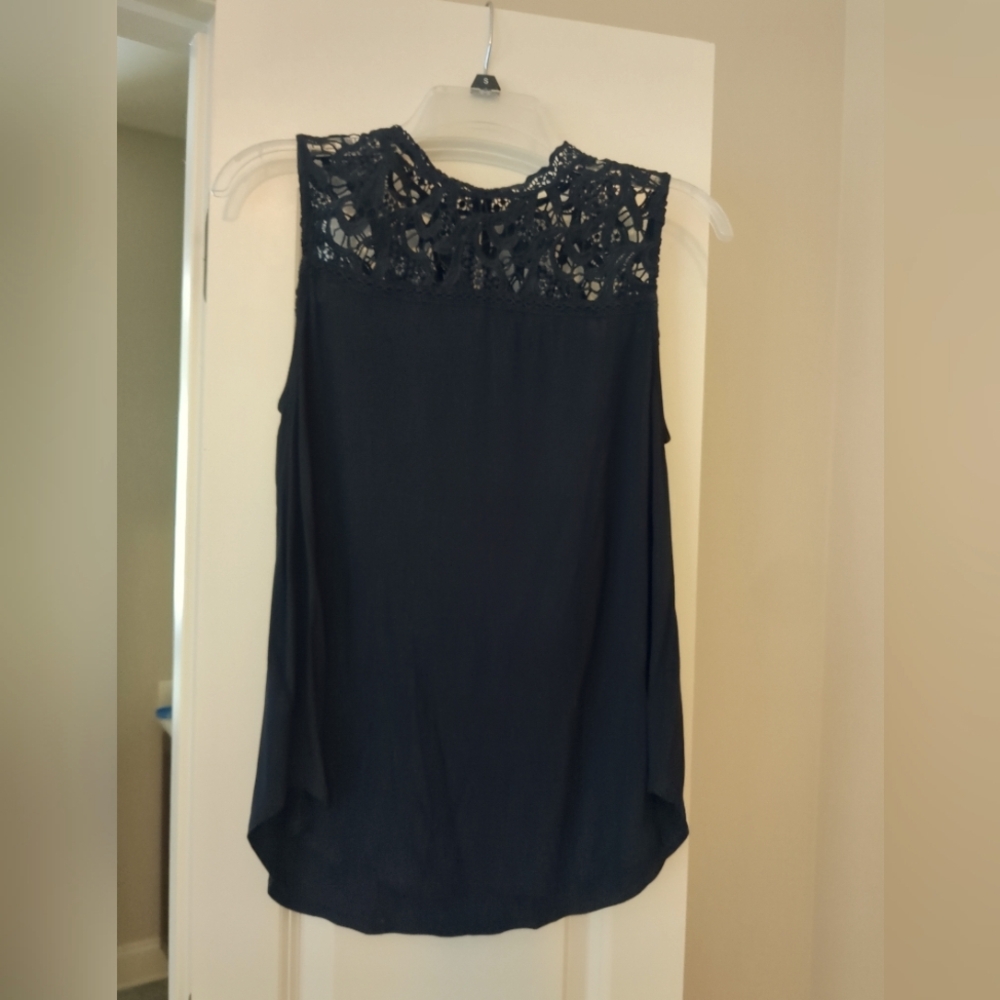 LOFT Blue Lace Sleeveless Blouse with Mandarin Collar